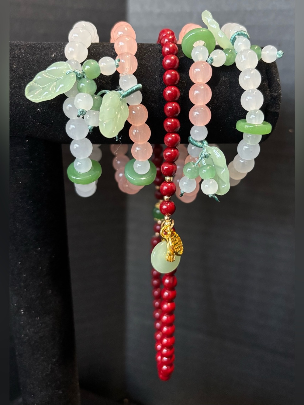 GORGEOUS RED CORAL LIKE NECKLACE & GLASS BEADED BRACELETS W/PEACE & LEAFS CHARMS